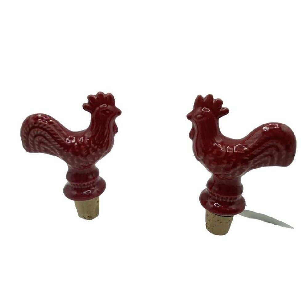 Rooster Wine Bottle Stopper Cork Lot Of 2 Red Ceramic Farmhouse Chicken India